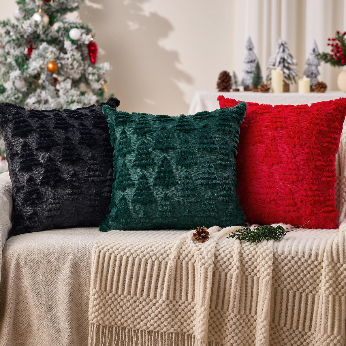Allorry Christmas Pillow Covers 18x18 Set of 2 Christmas Decoration Black Xmas Tree Pillow Cases Plush Faux Fur Soft Cushion Case for Winter Xmas Holiday Home Bedroom Sofa Decors SY-003-J18
