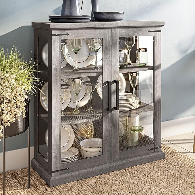 BELLEZE Storage Cabinet with Shelves and Glass Doors