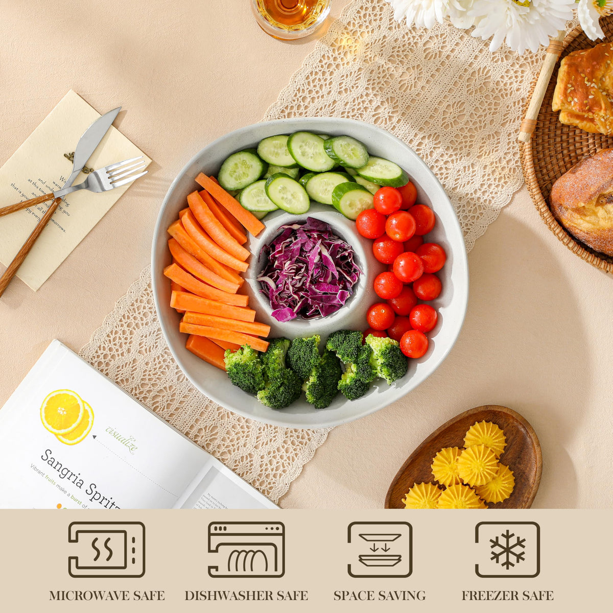 MALACASA Ceramic Chips and Dip Serving Tray, 12 Inch Large Divided Bowls Set for Salsa, Veggies & Dip, Appetizers, Snacks, Free-Form Serving Dish Platter for Parties Hosting & Entertaining, Gray