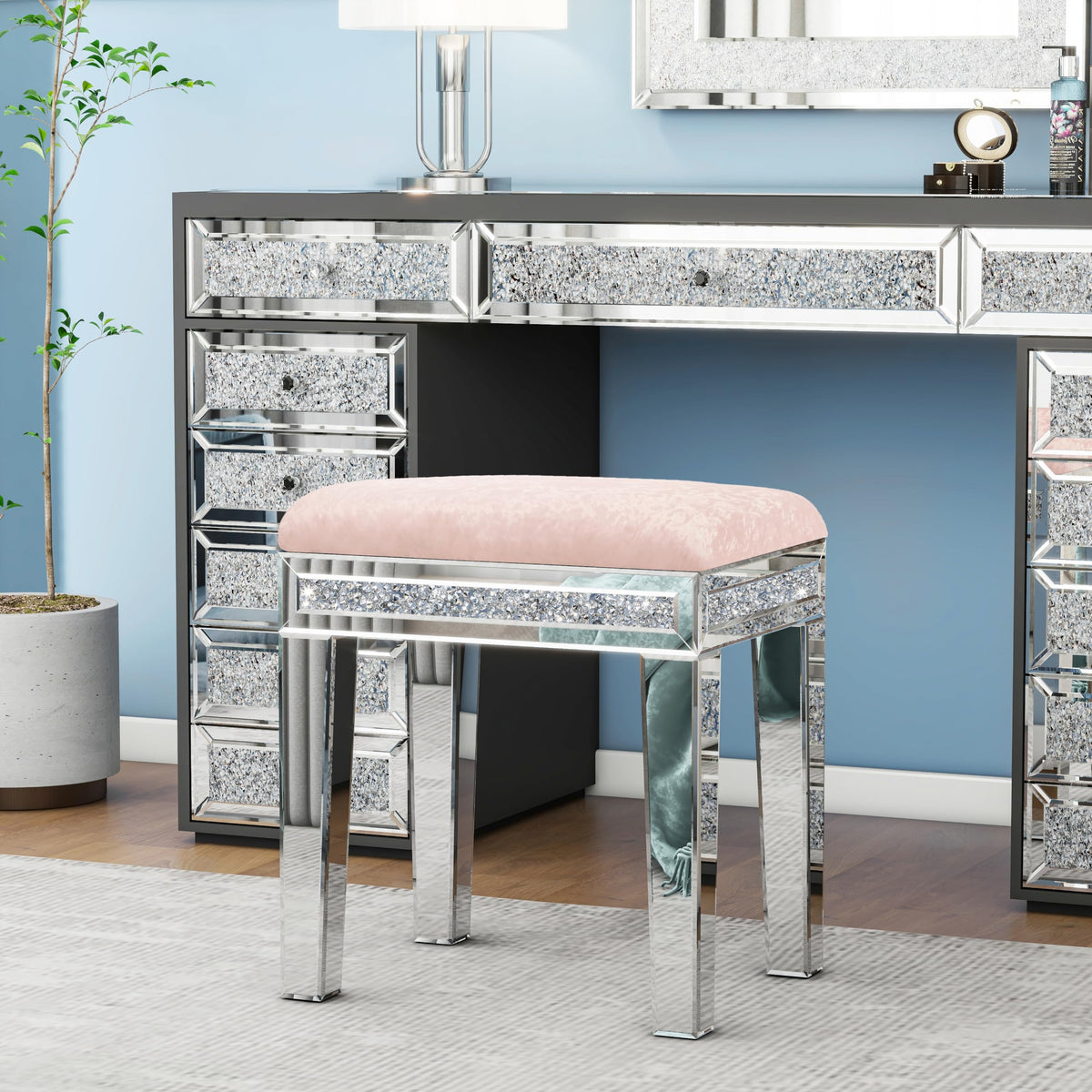 blingworld Mirrored Vanity Stool with Crushed Diamond Inlay Velvet Cushion 19.7'' Tall Stylish Makeup Chair for Bedroom, Vanity Chair, Ottoman for Living Room