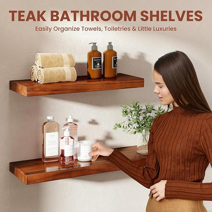 24 Inch Teak Floating Shelves Set of 2