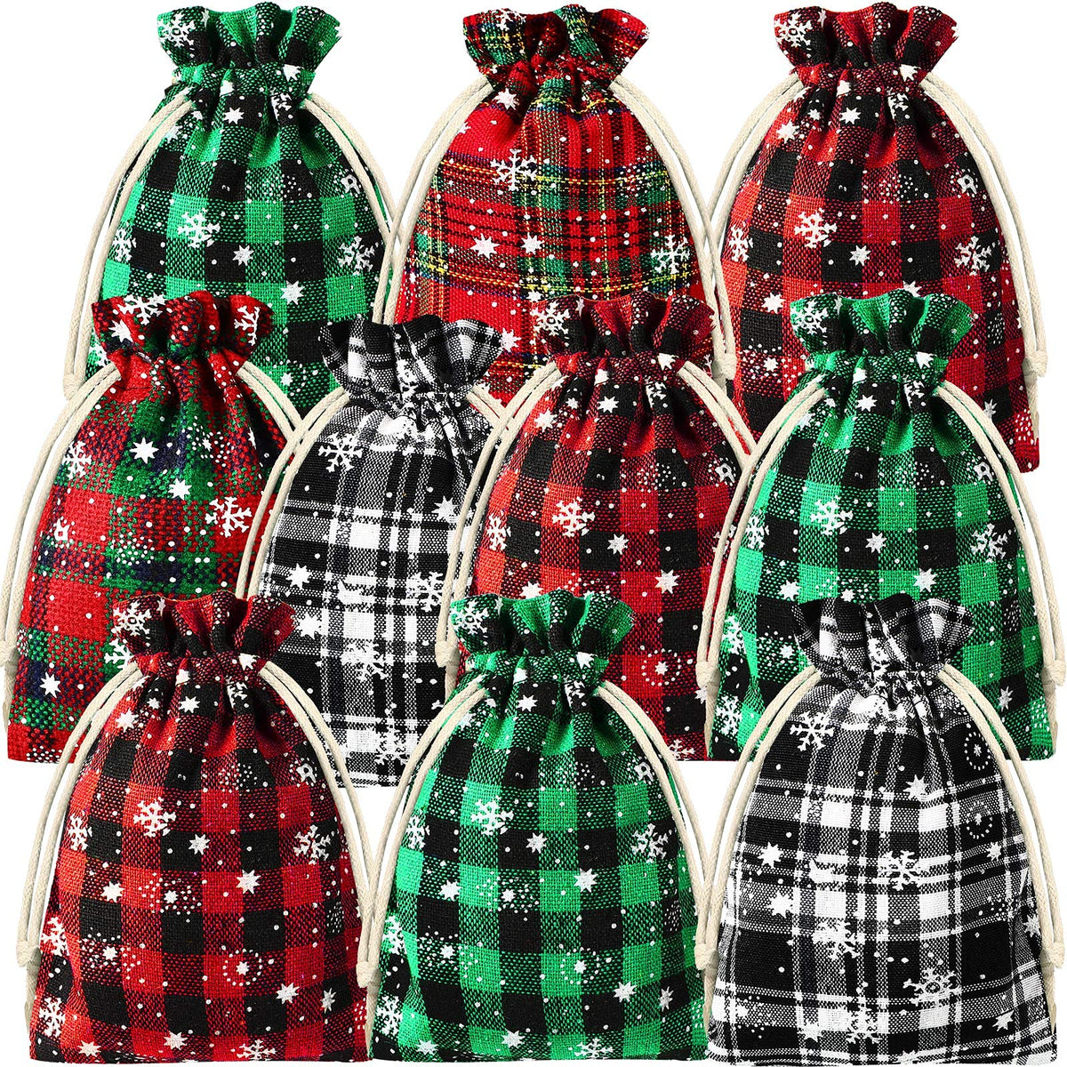 Shappy 25 Pieces Christmas Drawstring Bags 4 x 6 Inch Small Xmas Buffalo Plaid Bags with Snowflake Pattern Linen Cloth Gift Treat Bag for Christmas Holiday Party Favor
