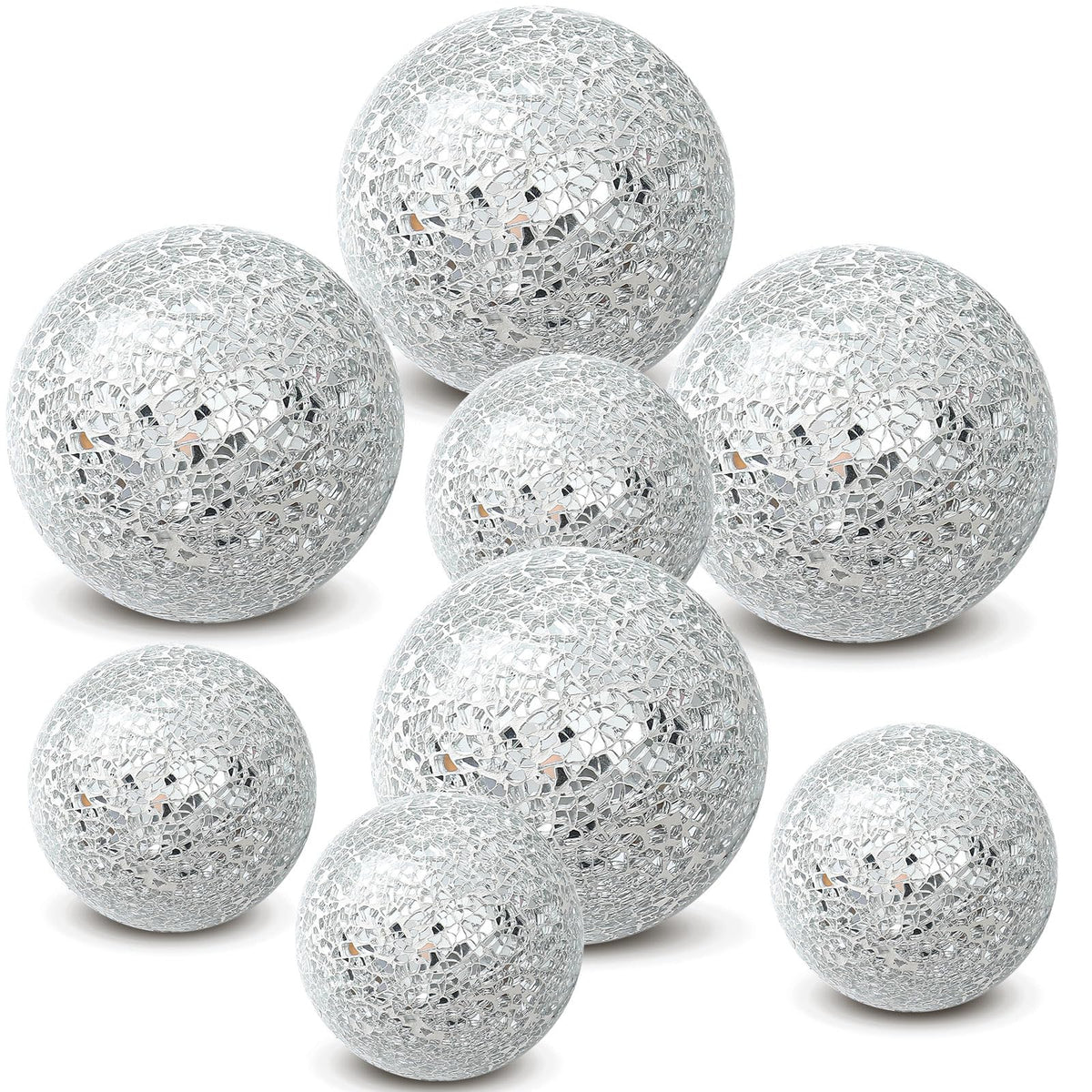 Qinyoung Silver 8 Pcs Decorative Ball for Bowls, 3'' 4'' Glass Mosaic Sphere Decorative Orbs for Centerpiece Bowls Vase Fillers, Wedding, Party, Coffee Table & Home Decor