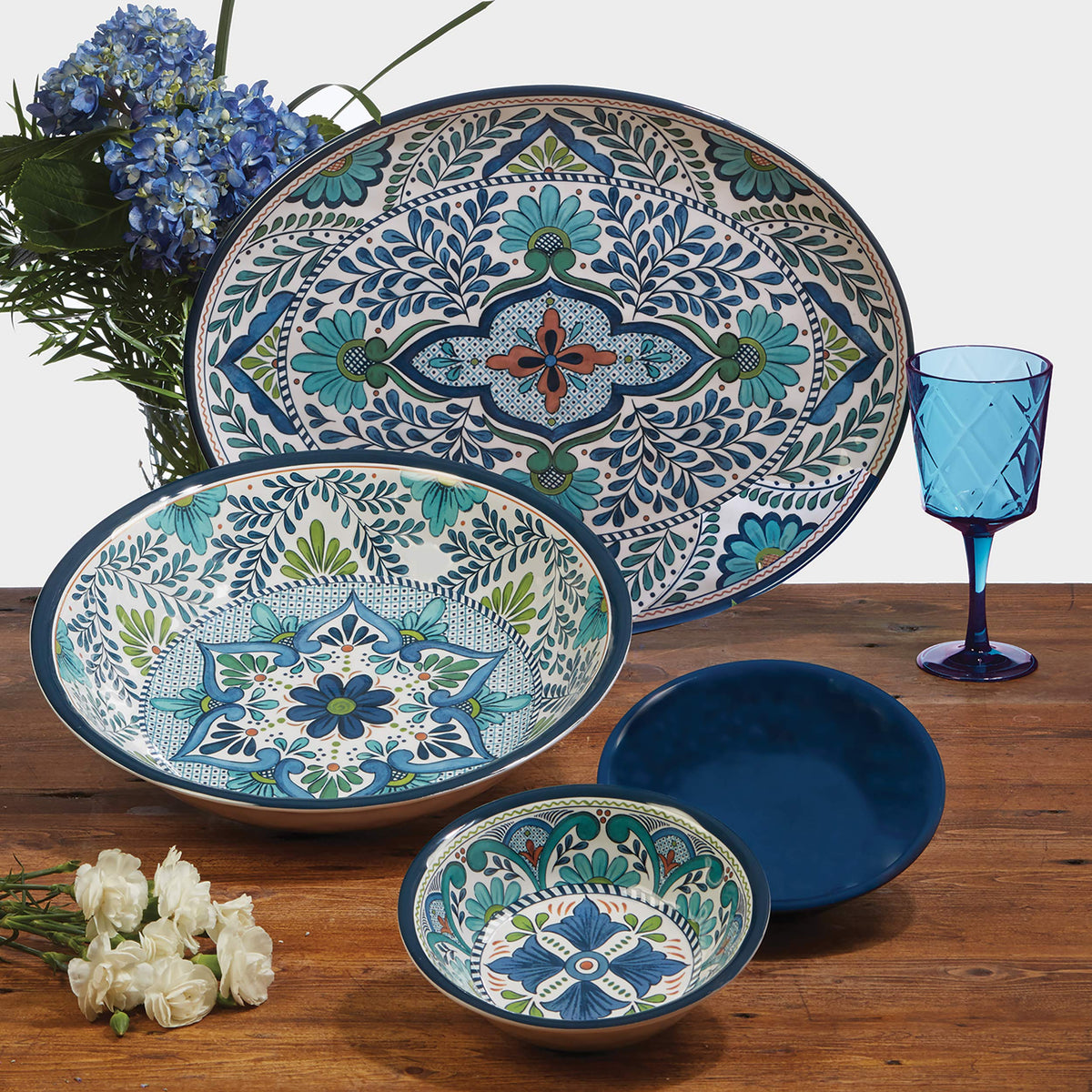 Talavera 3-Piece Melamine Hostess Serveware Set – Chip & Dip Server, 3-Section Relish Tray, and 19" Rectangular Platter – Colorful Southwest Serving Set for Entertaining & Outdoor Dining