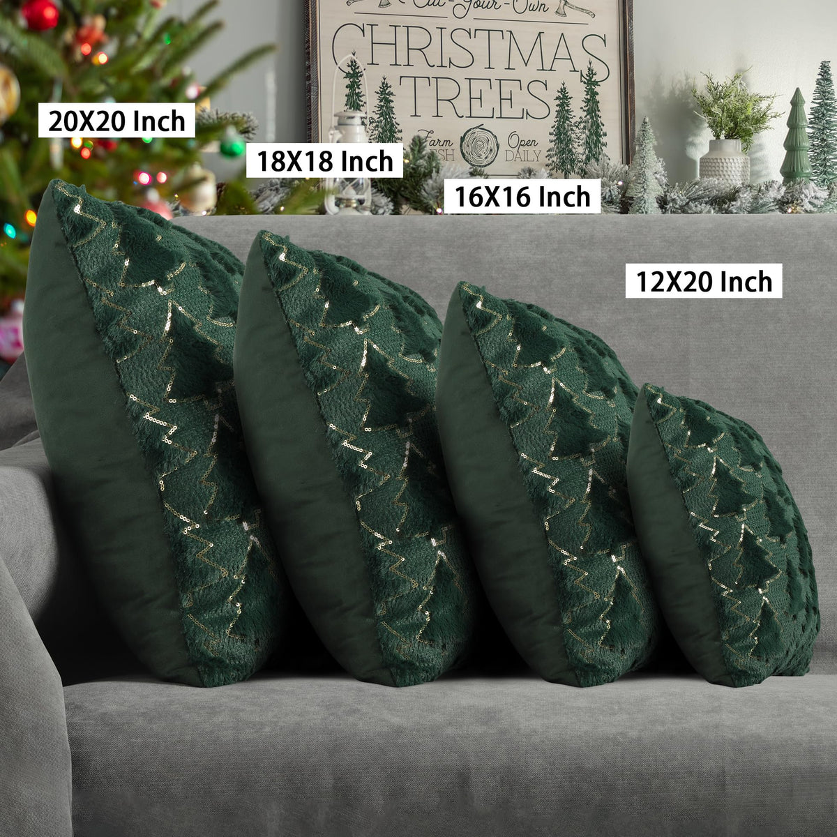 4TH Emotion Christmas Tree Decorative Lumbar Pillow Covers 12x20 Set of 2, Green Soft Plush Faux Fur Farmhouse Throw Cushion Cases for Xmas Winter Holiday Home Decorations