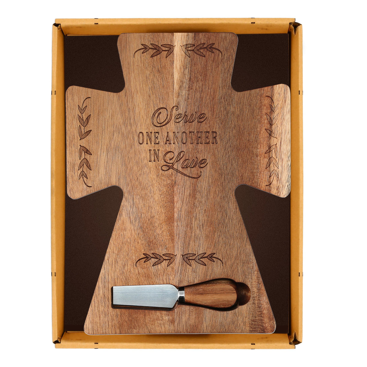 Pavilion - Serve One Another In Love - 12" x 8.75" Cross-Shaped Acacia Wood With Spreader Charcuterie Bread Cheese Serving Board Inspirational Spiritual Faith Religious God Jesus Church Friend Gift