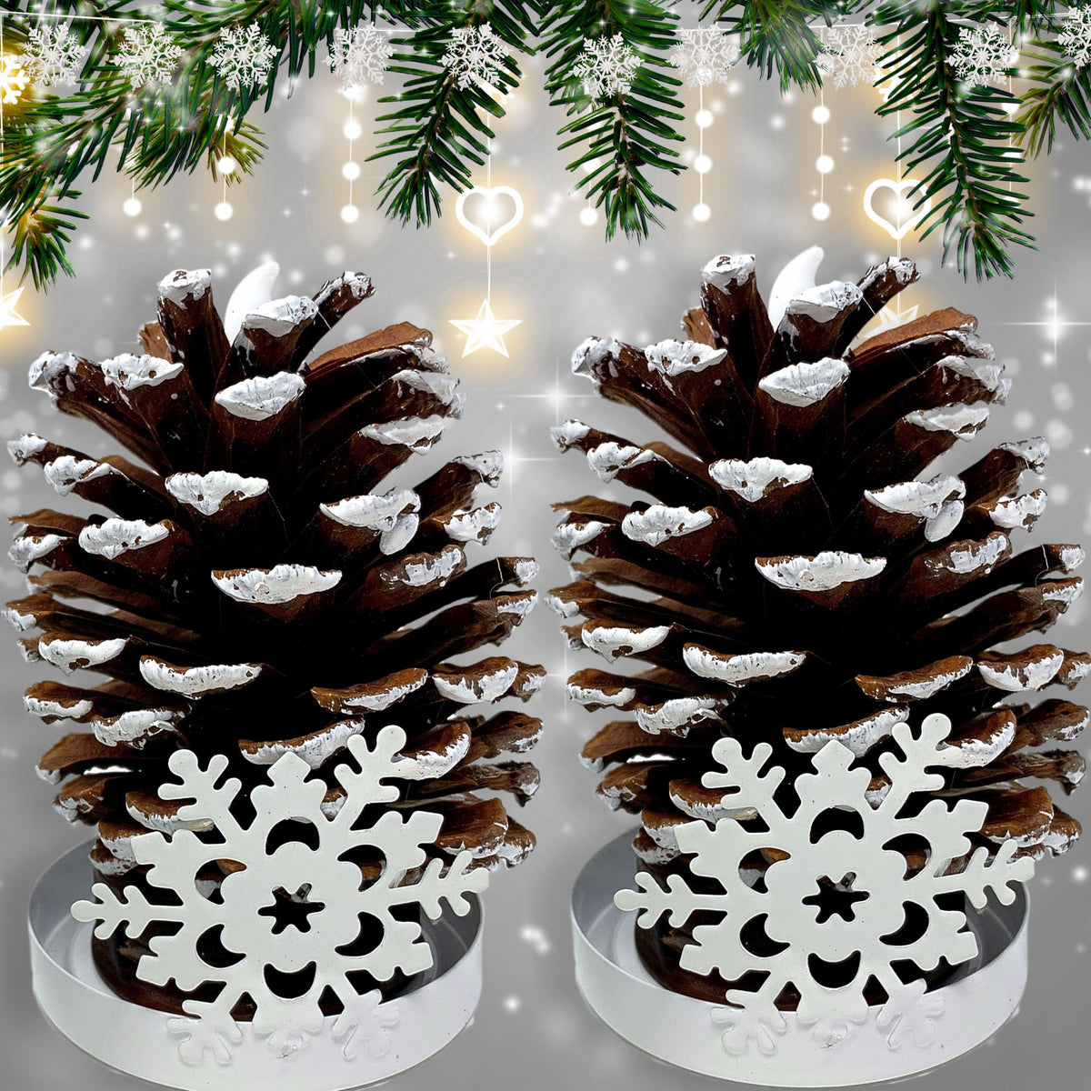 LIghted Pine Cones in Metal Snowflake Holders Christmas Decor - Set of 2 - Real Pinecones with White Snowflake Holders - Flameless LED Candles Brushed with Snow - Measures 5 1/2"H X 3"W