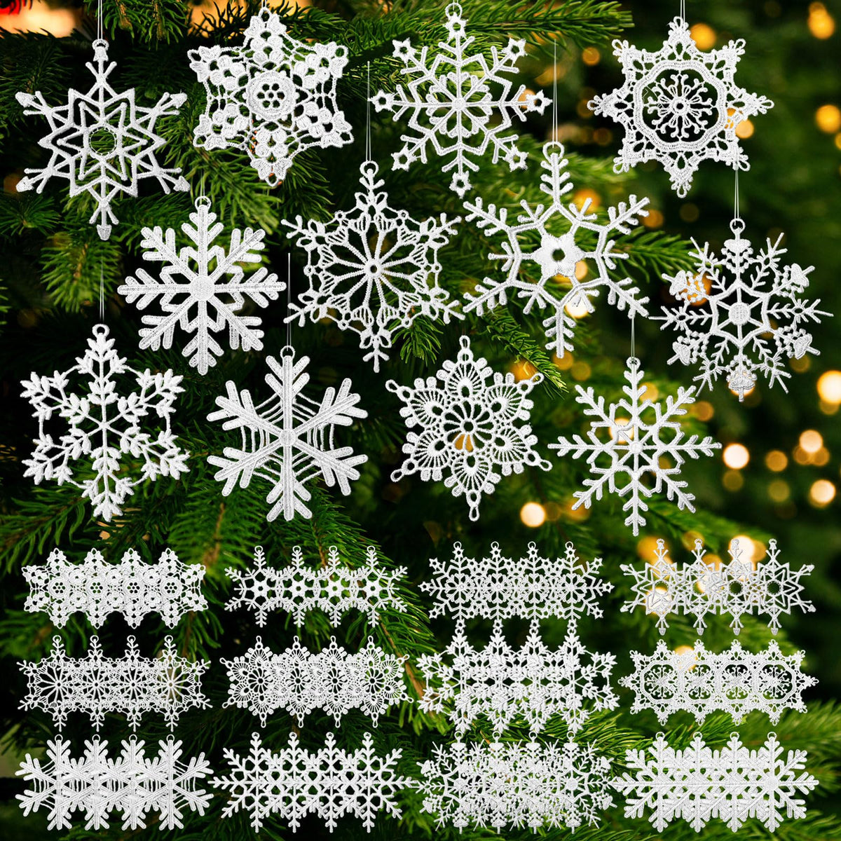 HunnmingRe 48 Pcs Crochet Snowflake Ornaments Winter Crocheted Snowflake Bulk 12 Styles Hanging Decor for Winter Decorations Christmas Wonderland Tree Wall Holiday Party Woven Gift