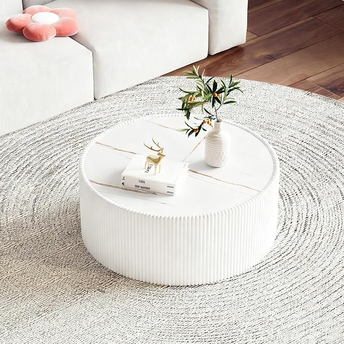 SSLine Round Drum Coffee Table Modern Sintered Stone Top Coffee Table in White
