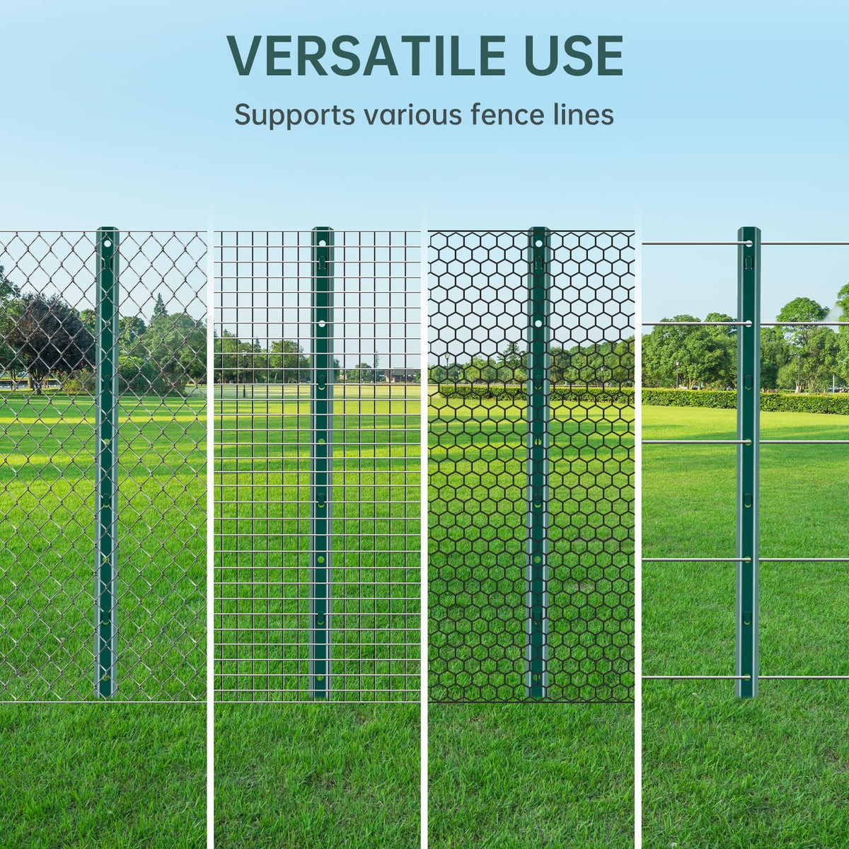 URBANVISTA 10 Pack Metal Fence Posts, 3 FT Heavy Duty U-Post, Green Garden Stakes, No-Dig Post Anchors for Wire Fences, Temporary Fencing, Electric Fence, and Corner Support