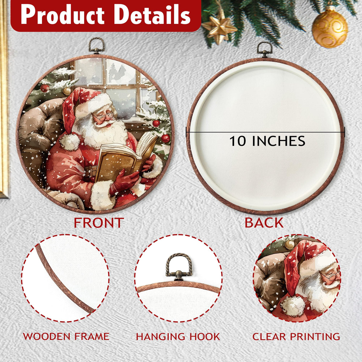 heiyihe Round Christmas Canvas Frame Wall Art Decor, 10x10 Inches Santa Reading Book Hanging Wall Artwork, Christmas Embroidery Kit Decor for Home Living Room, Xmas Gift Ideas for Family Friends-A05