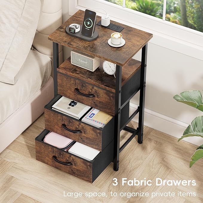 Vagusicc Nightstand with Charging Station, Bedside Table with USB Ports and