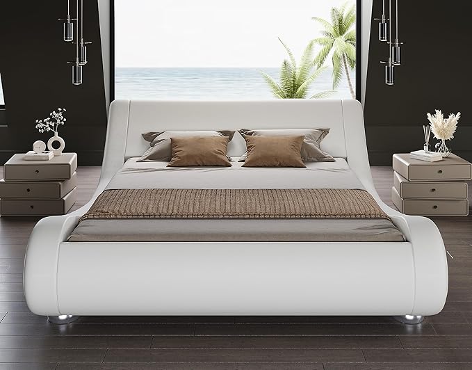 SHA CERLIN Full Size Upholstered Bed Frame, Deluxe Low Profile Sleigh Bed