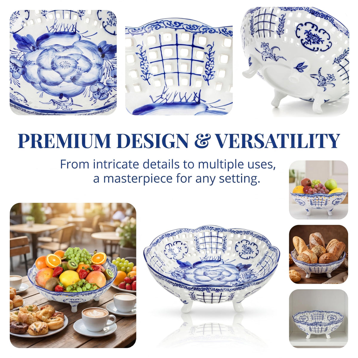 YIMITEE 10 Inch Ceramic Fruit Bowl, Blue and White Porcelain Pedestal Fruit Basket, Chinoiserie Decorative Vegetable Holder with Drainage Hole for Kitchen Counter Veggies, Candy, Cookie, Cake