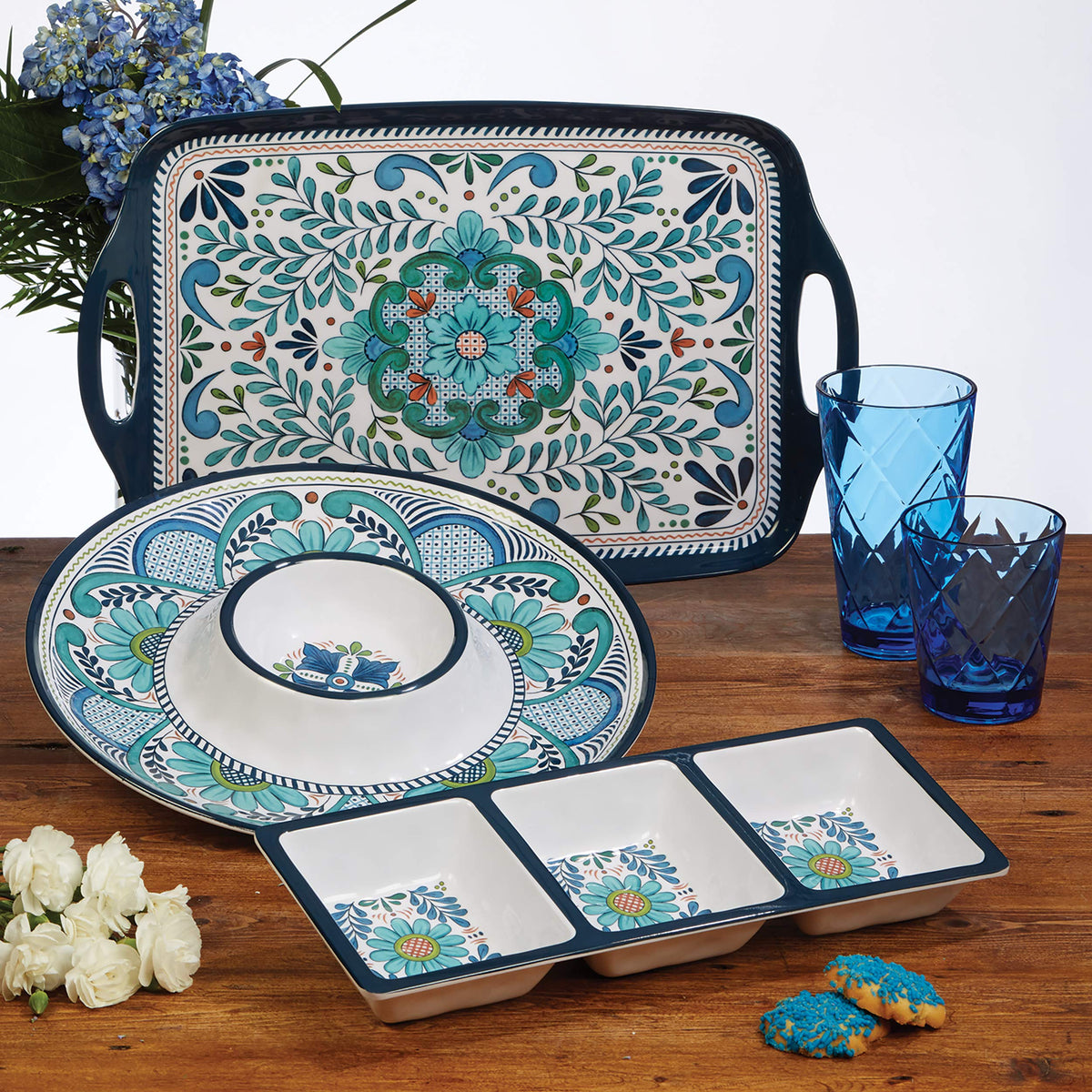 Talavera 3-Piece Melamine Hostess Serveware Set – Chip & Dip Server, 3-Section Relish Tray, and 19" Rectangular Platter – Colorful Southwest Serving Set for Entertaining & Outdoor Dining