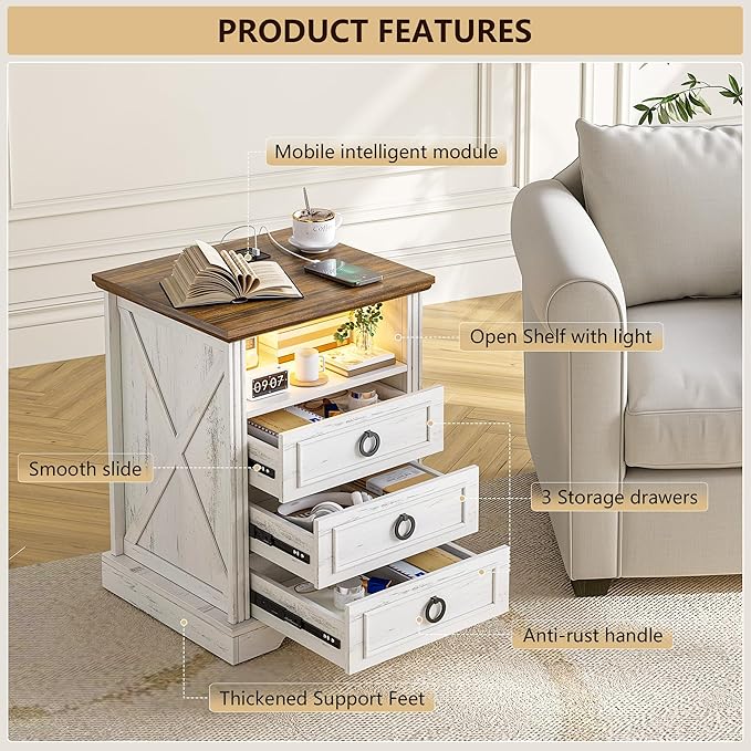 Nightstand Set 2 with Charging Station, Farmhouse End Side Table with 3 Drawers
