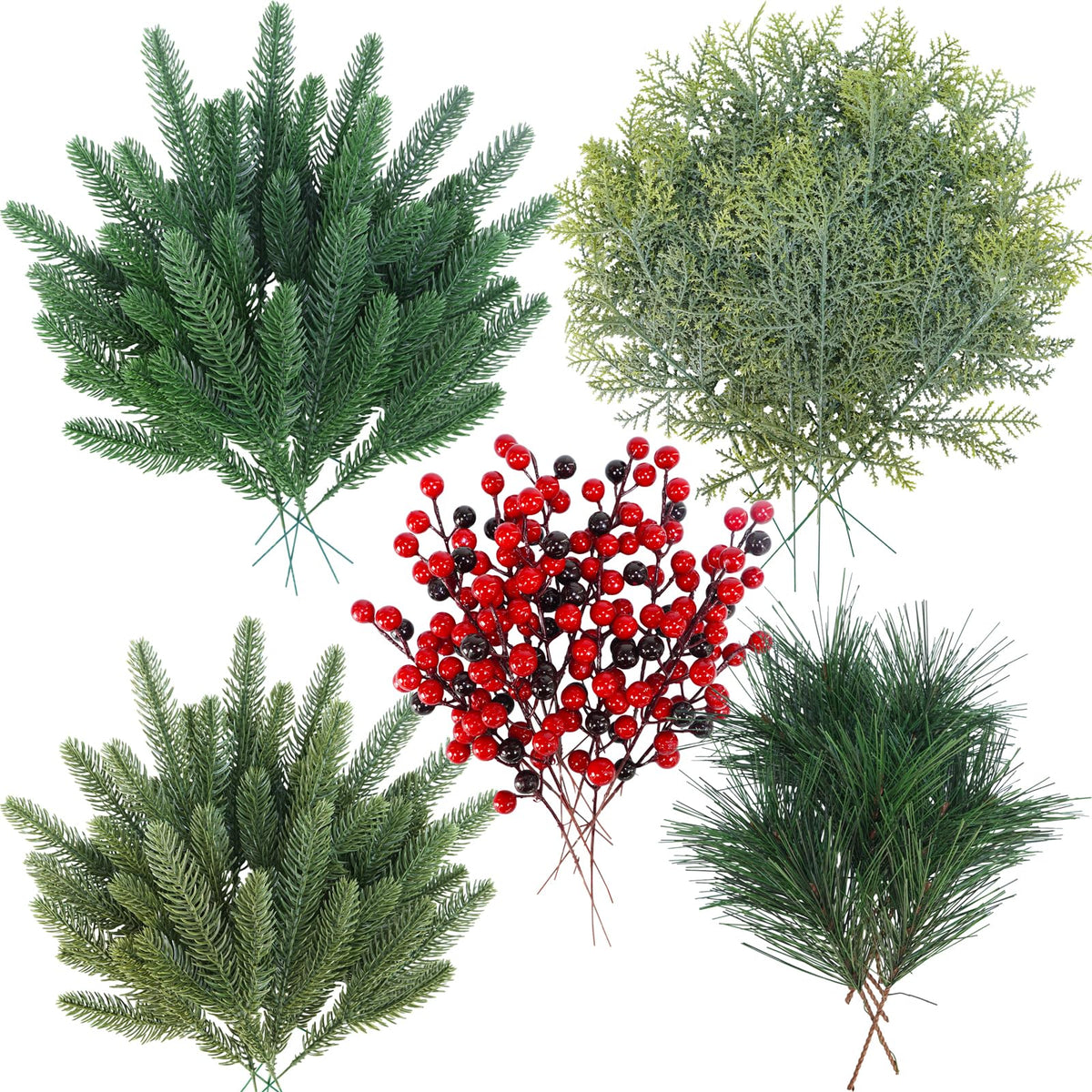 Winlyn 65 Pcs Artificial Pine Branches and Red Berries Stems Christmas Greenery Stems Cedar Picks for Christmas Tree Wreath Winter Wedding Holiday Floral Arrangement Table Centerpiece DIY Crafts
