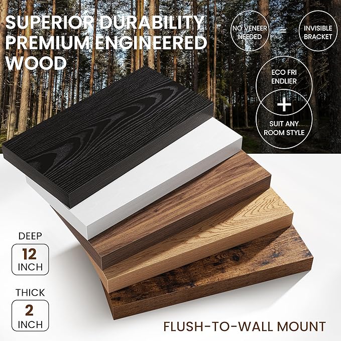 32Inch White Floating Shelves for Wall, 12 Inch Deep Shelves for Bedroom