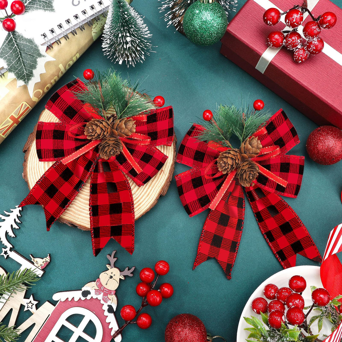 Syhood 6 Pcs Christmas Bows with Pine Cones Pine Needles Xmas Velvet Bows Black and Red Ribbon Christmas Tree Wreath Decoration for Xmas Parties Indoor Outdoor Crafts DIY Decor