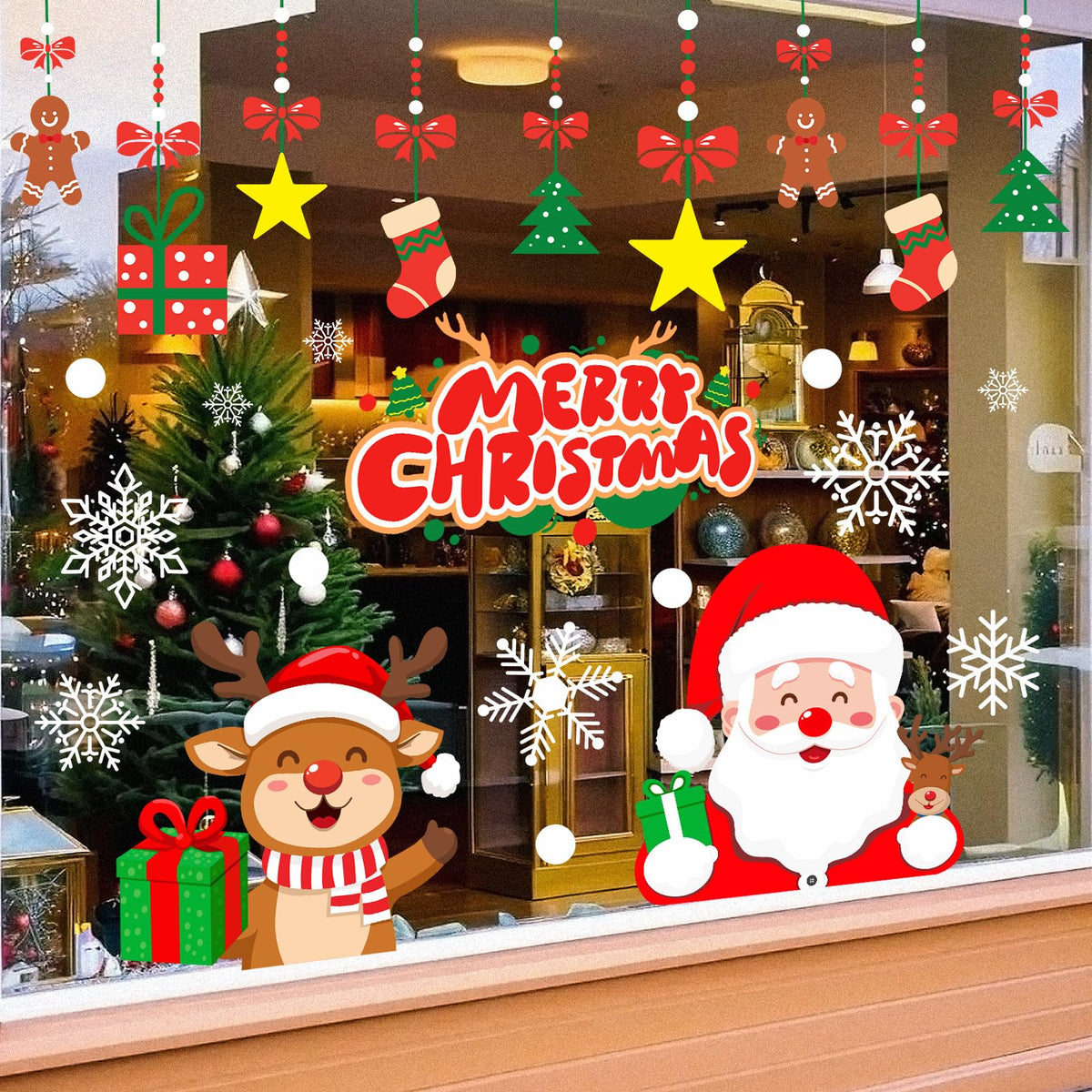 T&W SAME FILM Christmas Window Clings Stickers for Glass, Window, Car Decor, Xmas Decals Decorations Holiday Snowflake Santa Claus Reindeer Decals for Party, Reusable, 6 Sheets
