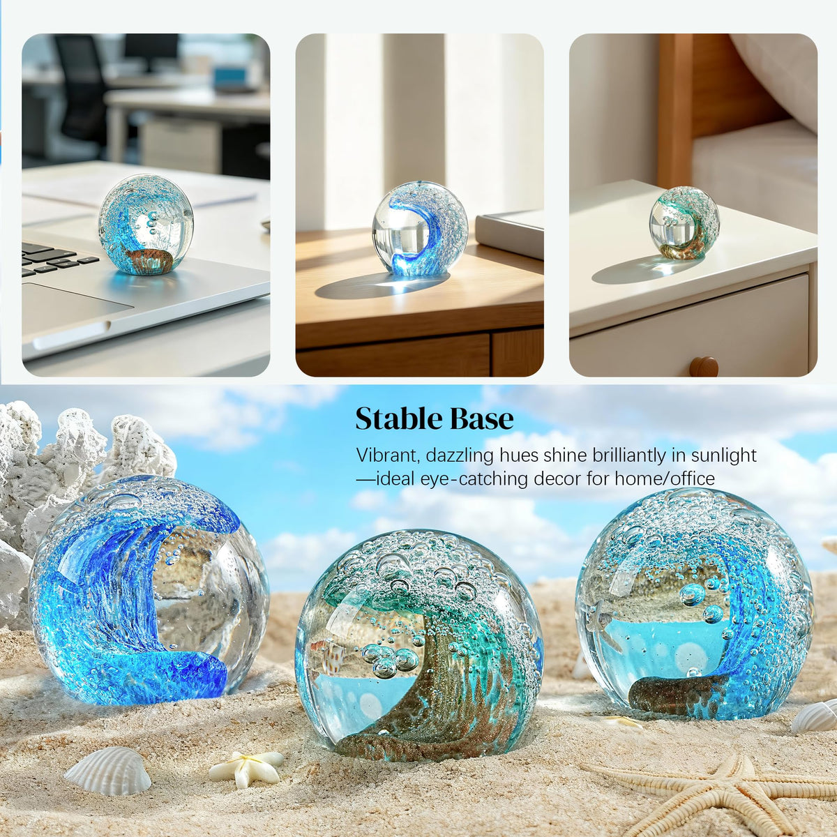 H&D HYALINE & DORA Hand Blown Glass Ocean Waves Ball Paperweight Decorative Home Office Decor Glass Art Collectible Crystal Ball Paperweight Ideal for Ocean Lovers(2.3Inch)