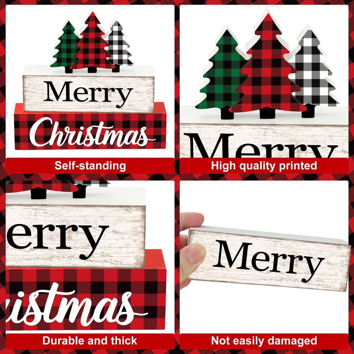 3 Pcs Merry Christmas Table Wooden Decor Christmas Tree Wood Block Sign Xmas Buffalo Plaid Tabletop Centerpiece Xmas Rustic Tiered Tray Decor for Winter Farmhouse Home Kitchen Office Shelf Decoration