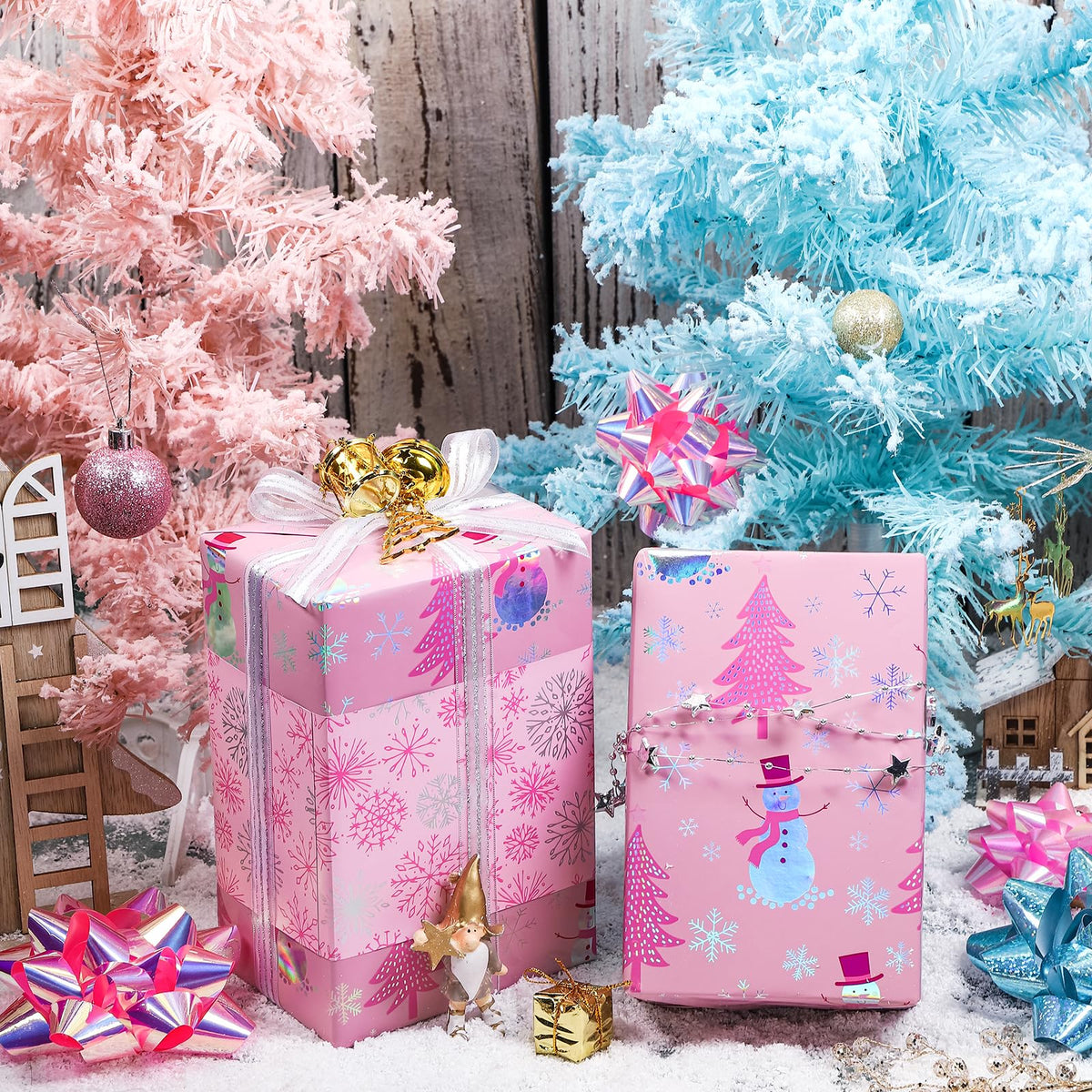 LeZakaa Christmas Pink Wrapping Paper Mini Roll, Snowman Christmas Tree & Snowflake Metallic Foil, Rose Gold Foil Reversible Design for Festive Winter Holiday, Family Gathering, 17 inches x 32.8 Feet
