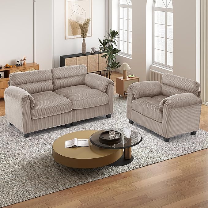 HAOMARKETS Corduroy Sofa Set, Upholstered Armchair and Loveseat