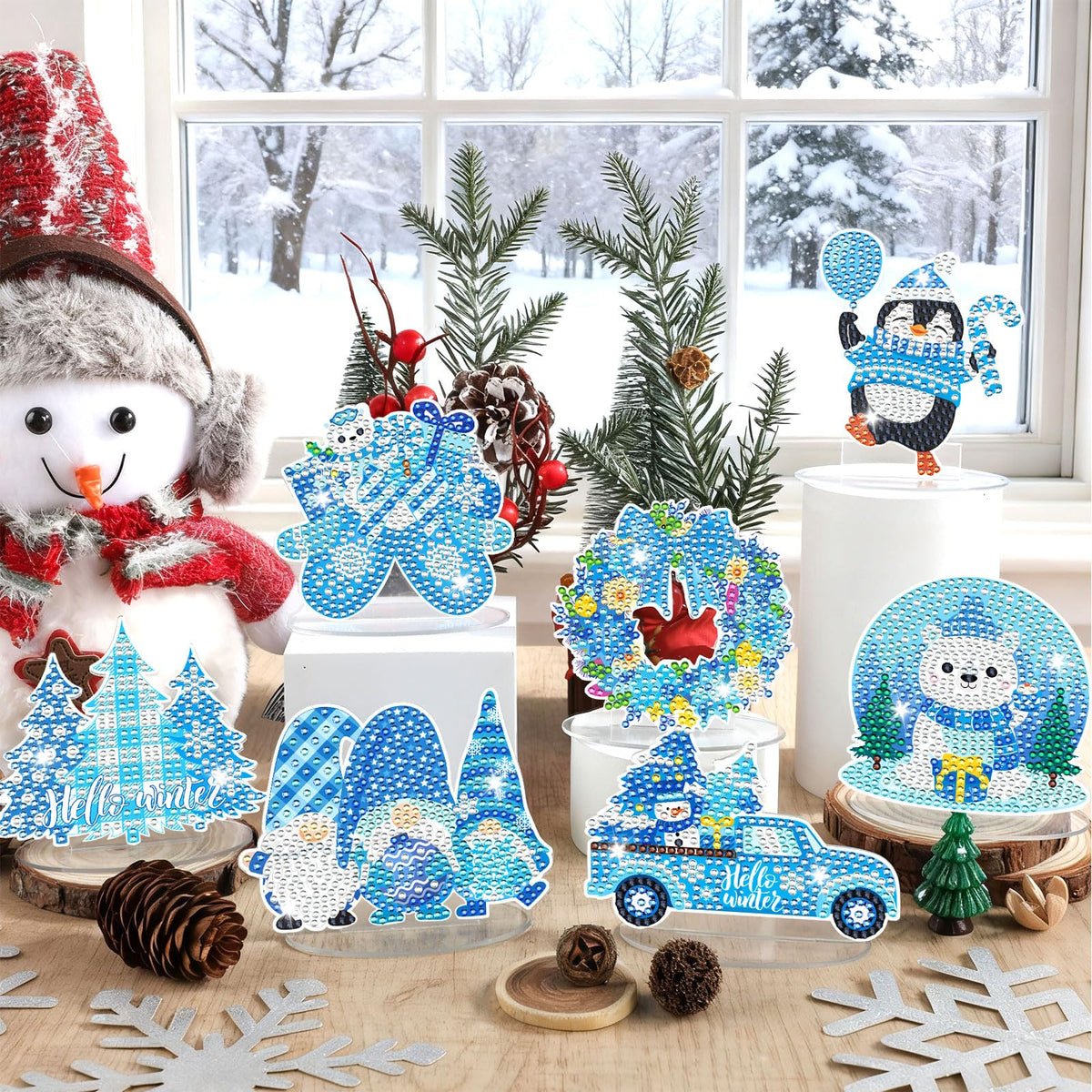 9pcs Winter Diamond Art Tabletop Decoration Winter Diamond Painting Desktop Ornament Christmas Tree Craft Kit Snowman Deer Truck Gnome Xmas Painting Sign Set for DIY Adults Gifts Party Decor