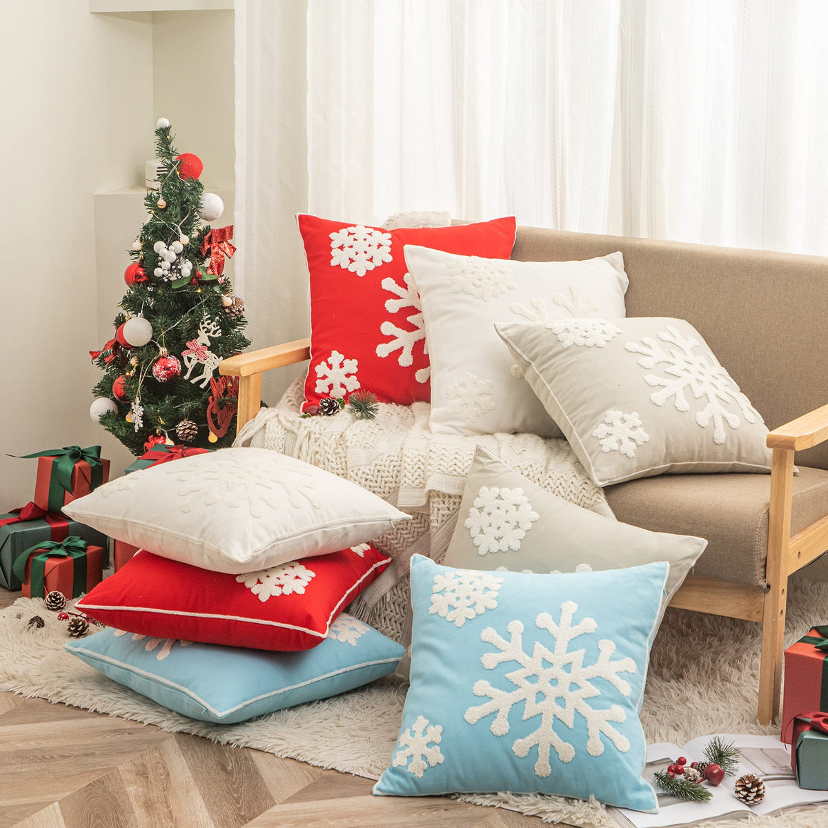 AFIRMLY 18x18,Cotton Christmas Blessing Throw Pillow Cover for Bed Sofa Cushion Car Snowflake Embroideried Pillowcases,1pair Grey