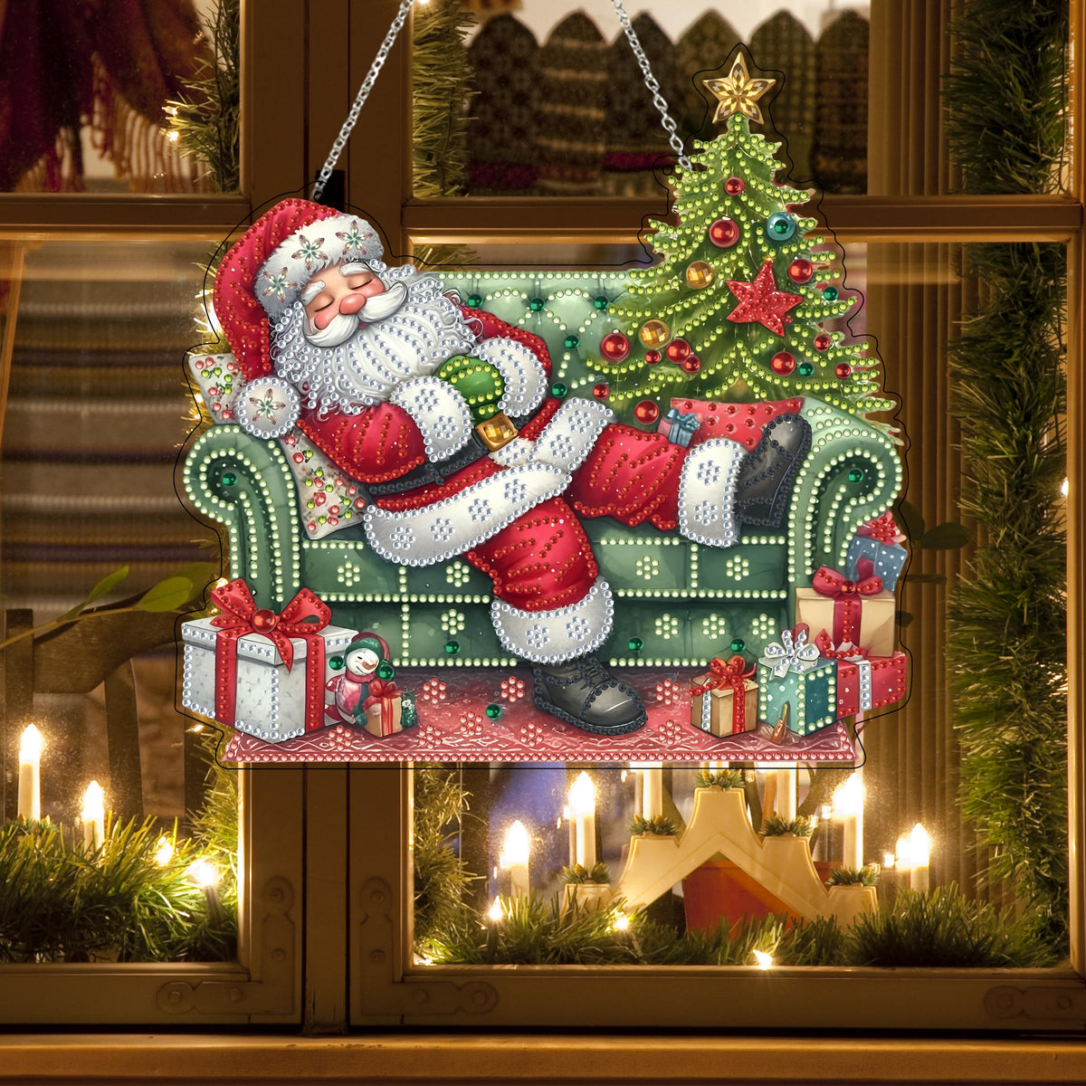 DIY Acrylic Diamond Art Painting Wreath Kits Special Shaped Rhinestone 5D Diamond Art Window Pendants Home Garden Wall Hanging Kits Hanging Ornament (Sleepy Santa Claus)