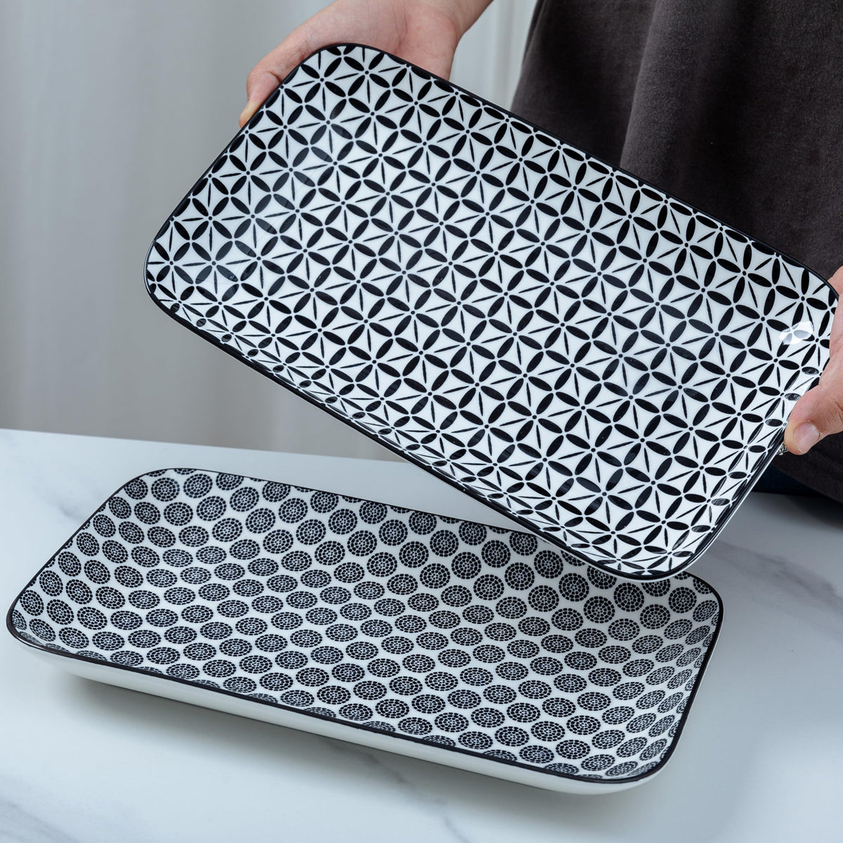 LEHAHA Serving Platters Set of 4, 12" Inch Rectangular Tray, Serving Dishes for Entertaining, Ceramic Serving Trays for Serving Food for Party and Cookies, Microwave & Dishwasher Safe, Black
