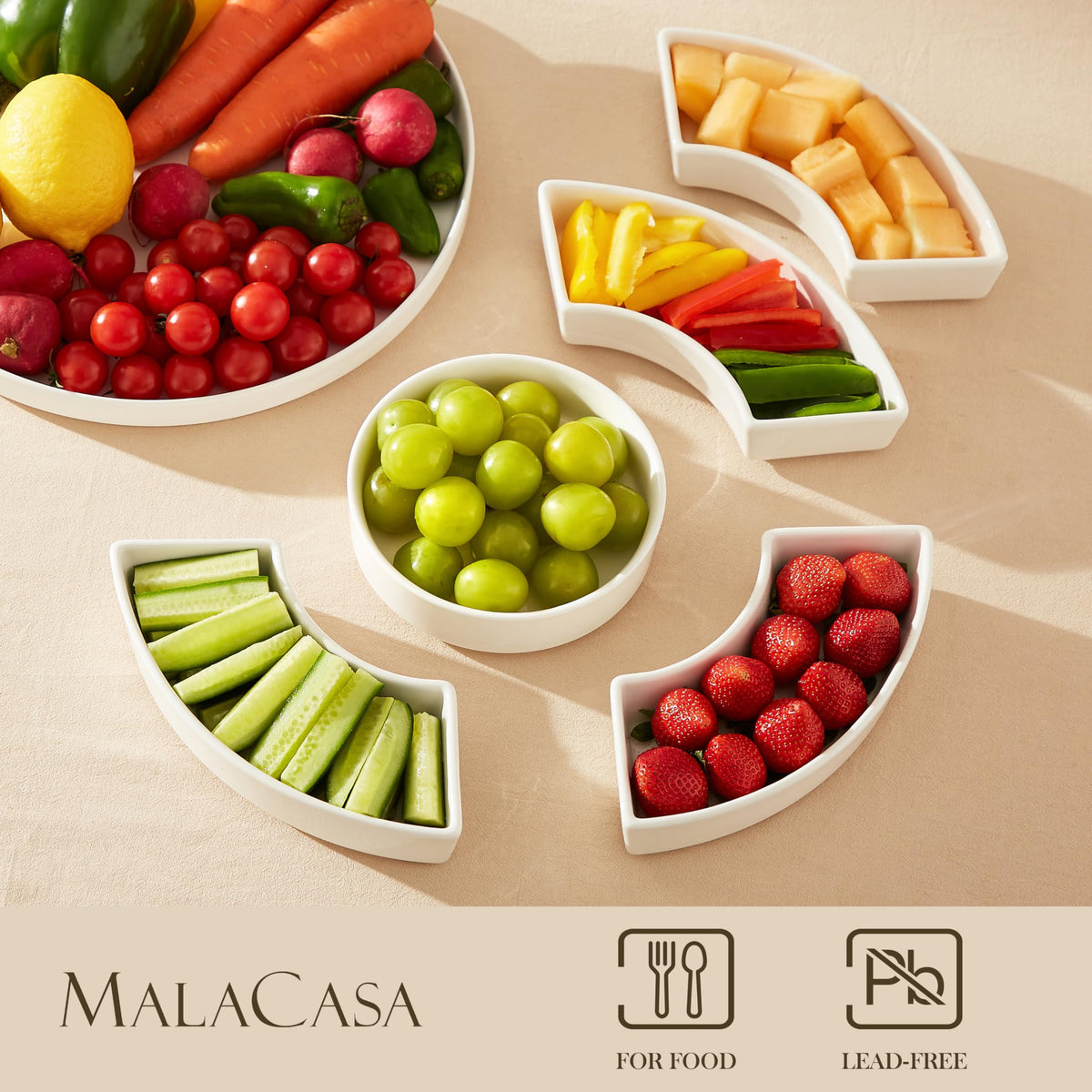 MALACASA Porcelain Divided Serving Dishes, Appetizers Tray, Serving Tray for Party - Perfect for Chips and Dip, Fruit, Veggies, Candy and Snacks, Divided Serving Platter, Relish Tray, White