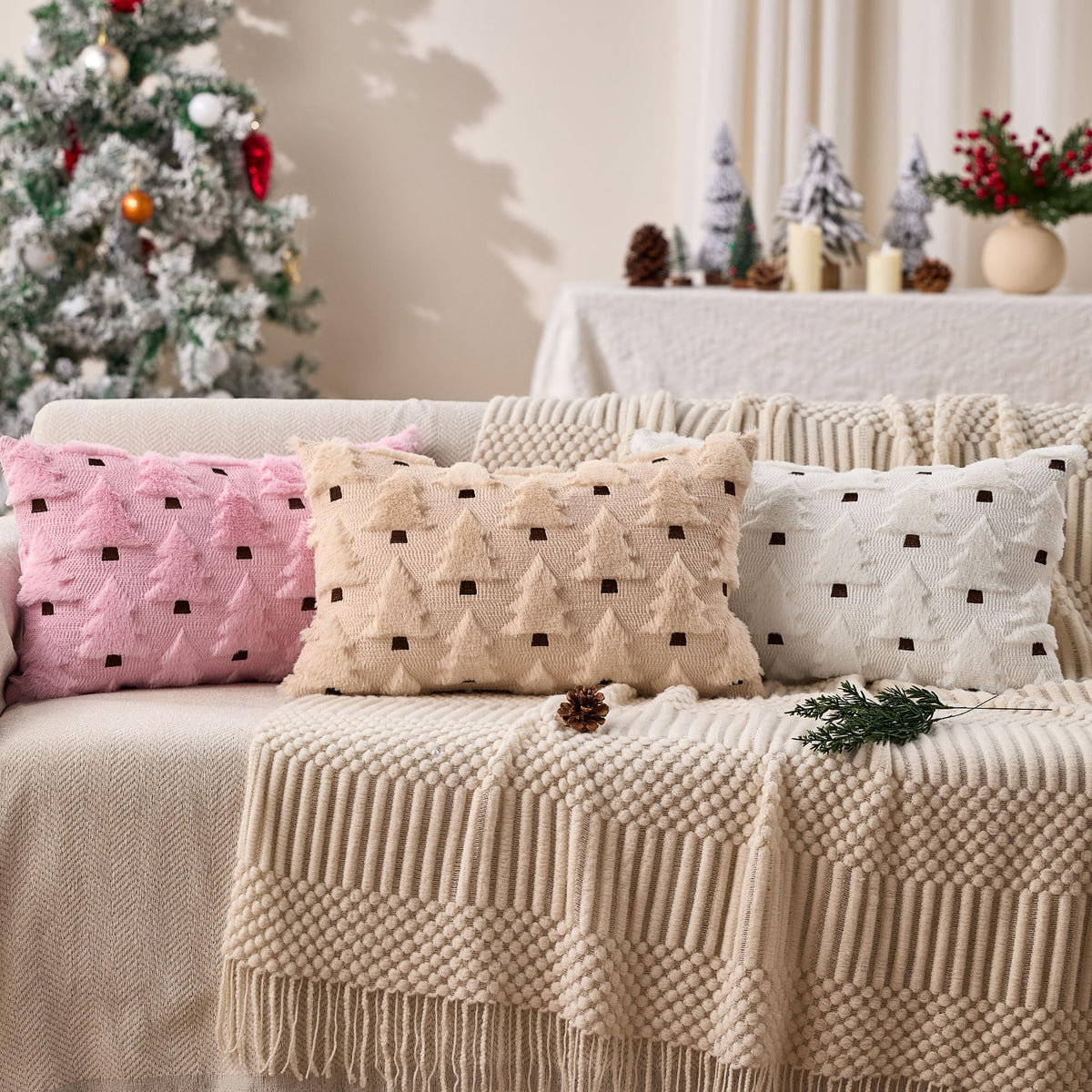 Allorry Christmas Lumbar Pillow Cover12x20 Christmas Decorations Soft Plush Faux Fur Wool Cream White Xmas Tree Throw Pillow Covers Winter Xmas Home Bedroom Sofa Decor PT-018D12