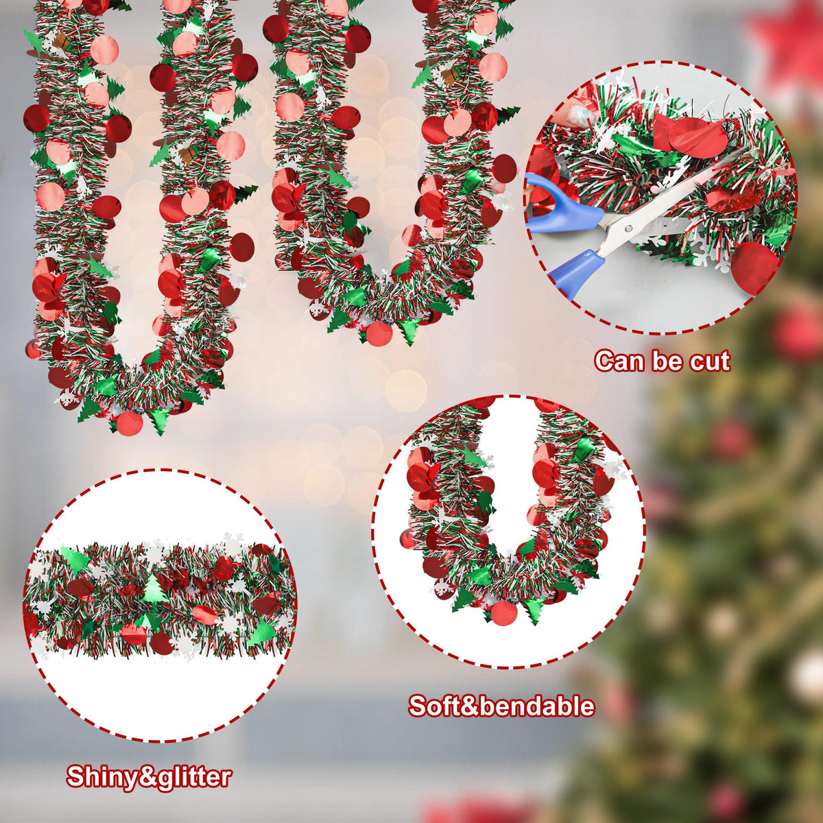 39ft Christmas Tinsel Garland Decorations Xmas Tree Glitter Metallic Twist Garland with Snowflake Hanging Decor for Mantel Stairs Home Indoor Outdoor Party Supplies