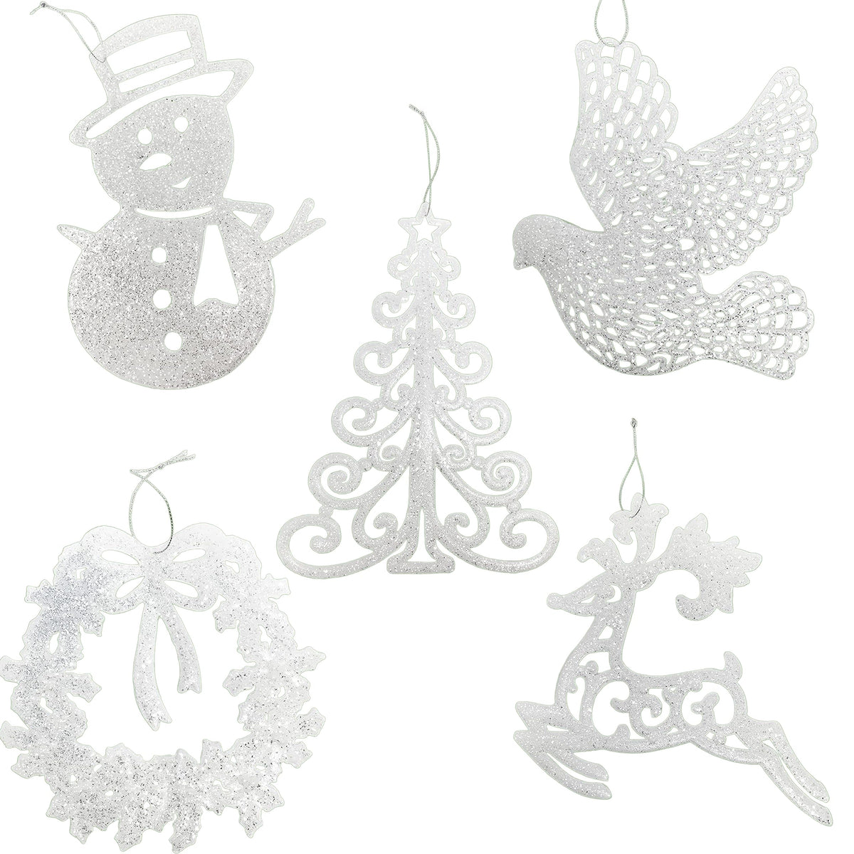 White Christmas Tree Ornaments Set of 5 – Large Glittered Holiday Decorations with Snowman, Reindeer, Dove, Wreath & Christmas Tree – 9” Shatterproof Hanging Ornaments for Winter & Farmhouse Décor