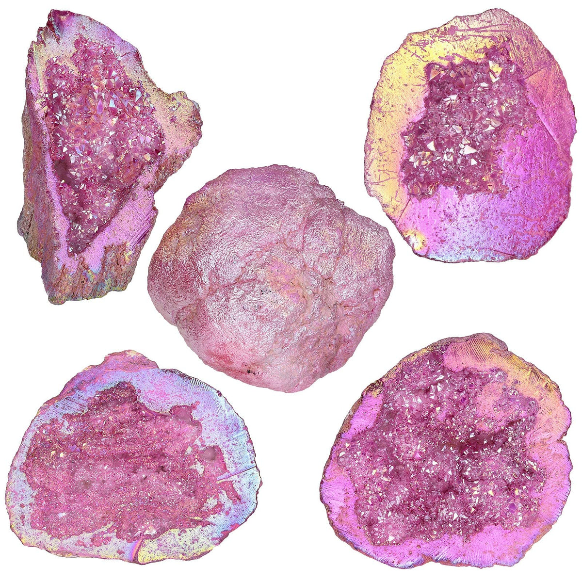 TUMBEELLUWA Irregular Titanium Coated Crystal Geode Stone Decor Natural Rainbow Rock Crystal Cluster Specimen for Home & Office, Fuchsia