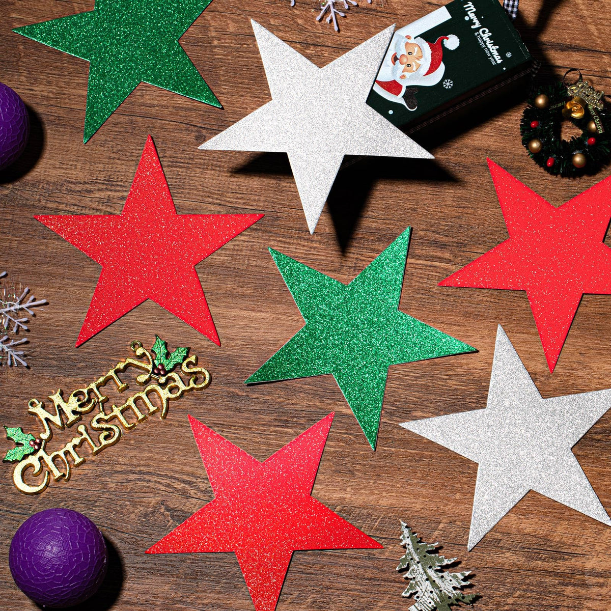 Gejoy 80 Pieces Glitter Star Cutouts Paper Star Confetti Cutouts for Bulletin Board Classroom Wall Party Decoration Supply (Red, Silver, Green,6 Inches Length)