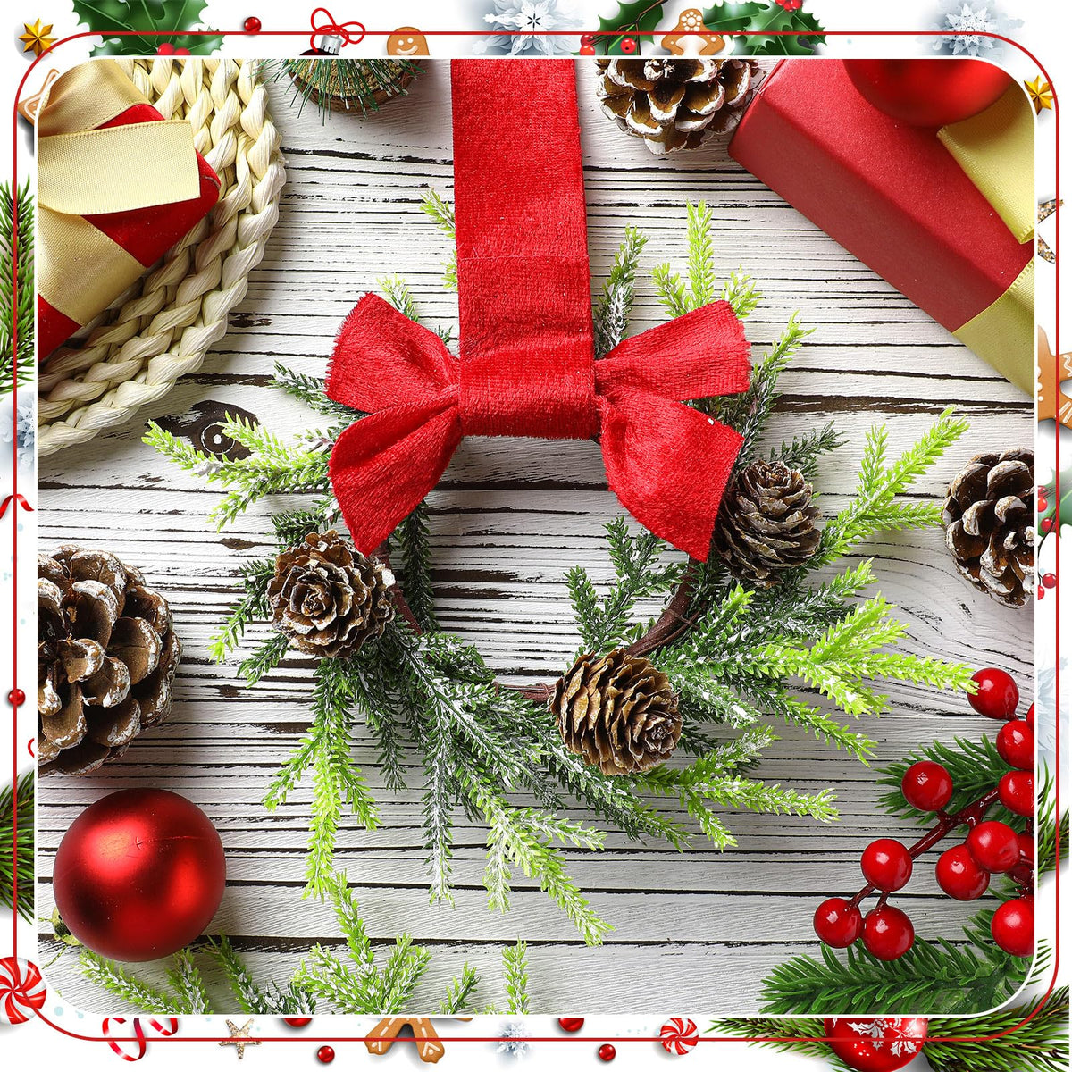 Dingion 6 Pcs 6 Inch Christmas Mini Cabinet Wreaths for Kitchen with Ribbon Bows Norfolk Pine Small Window Wreaths Garland for Door Window Farmhouse Christmas Party Decorations