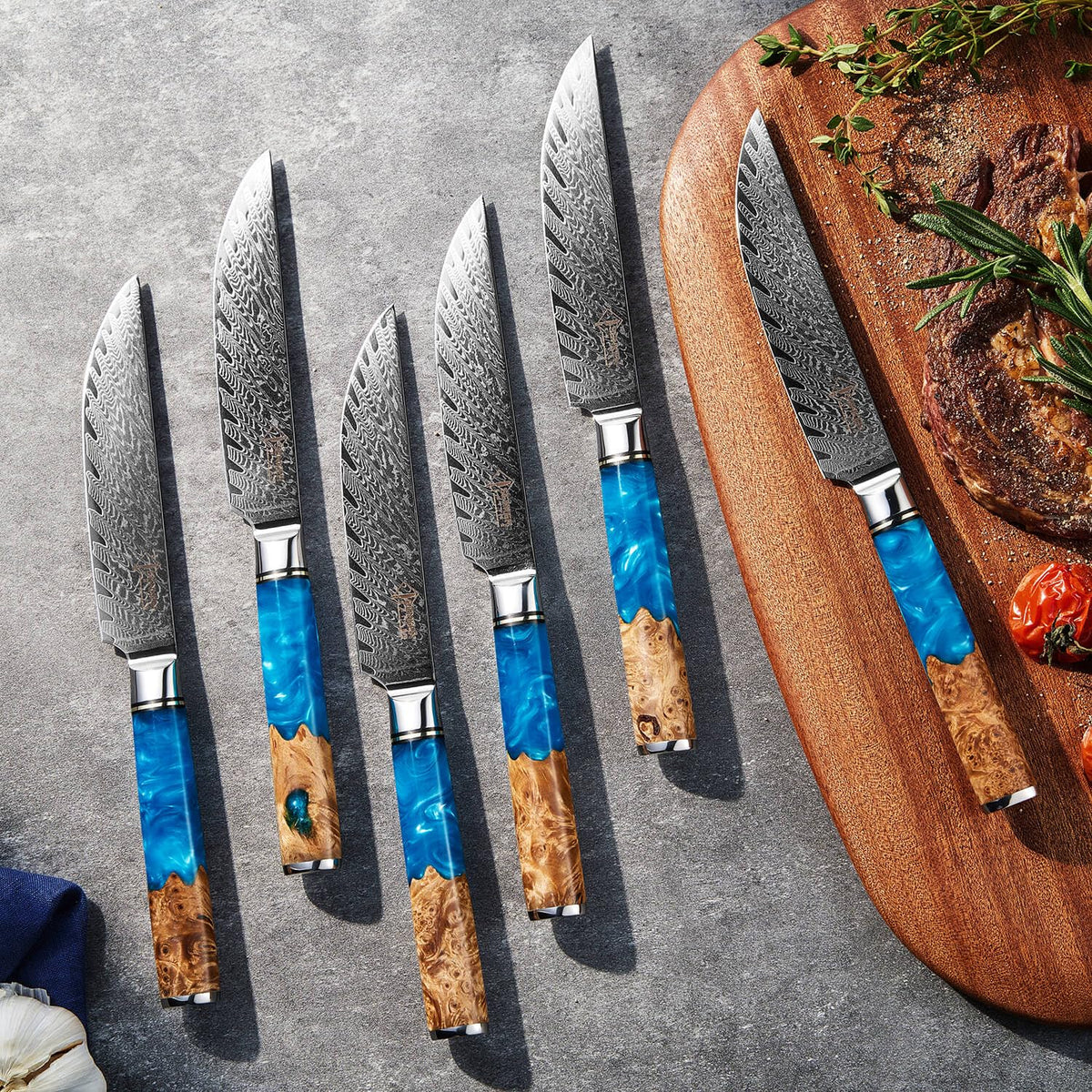 SENKEN Damascus Steak Knife Set - Tsunami Collection - 67-Layer Japanese VG10 Steel - Razor Sharp Non-Serrated Blades, Blue Resin & Natural Wood Pattern Handles, Luxury Gift Box (8 Steak Knife Set)