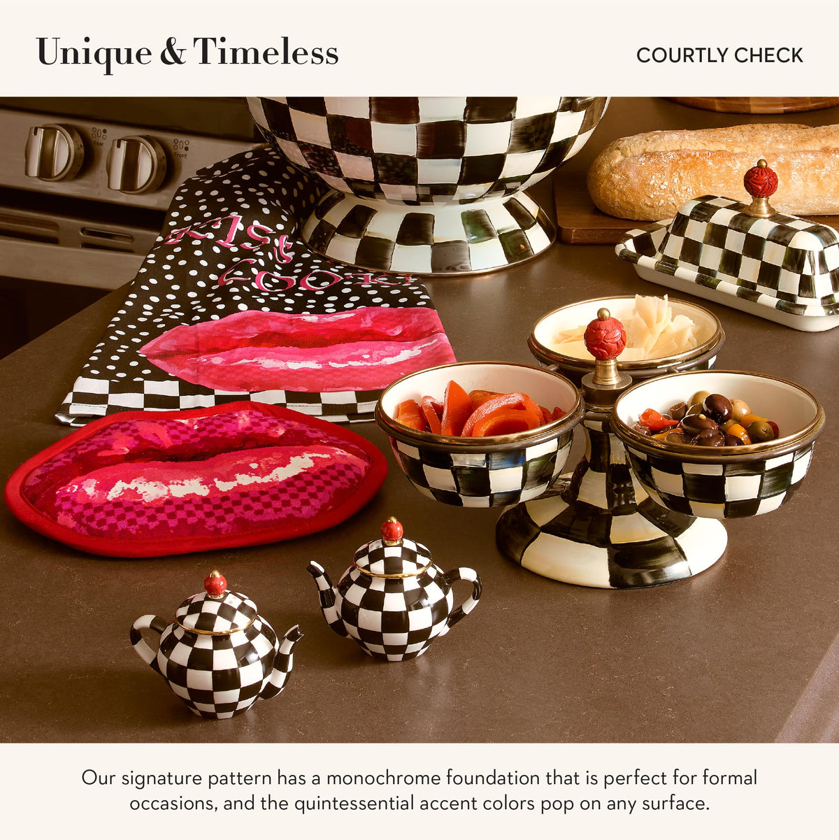 MACKENZIE-CHILDS Teapot Salt and Pepper Shaker Set, Ceramic Salt and Pepper Holders, Black-and-White Courtly Check