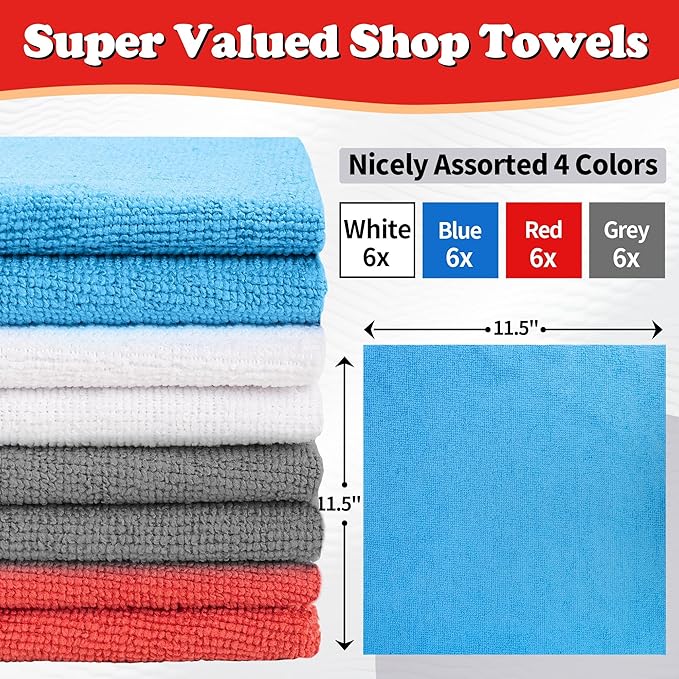 FIXSMITH Shop Towels, Microfiber Cleaning Cloth Bulk, 24 Pack Microfiber Towels