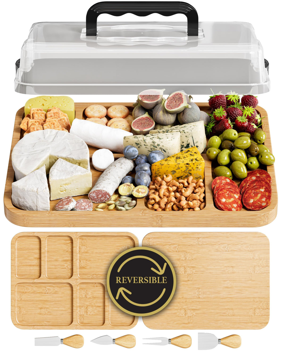 Trayful Charcuterie Board with Lid - Reversible, 2-in-1 Travel Portable Cheese Board for Picnics & Entertaining - Housewarming Gift Set Idea - Covered Snack Serving Tray - Large Food Platter
