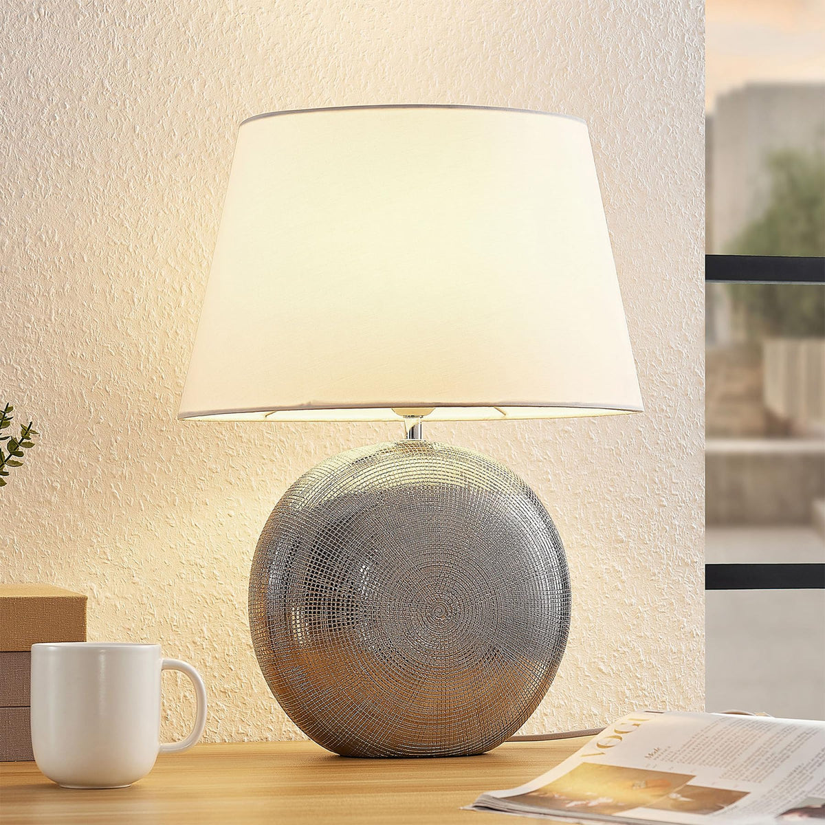 Lucande 19" Modern Ceramic Table Lamp, Silver Jar-Style Base with White Fabric Shade, Elegant Bedside Lamp for Nightstand or Living Room, E26 Base Bulb Not Included