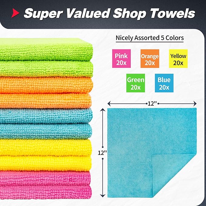 FIXSMITH Microfiber Cleaning Cloth, 100 Pack Shop Towels, Micro Fiber Cloth