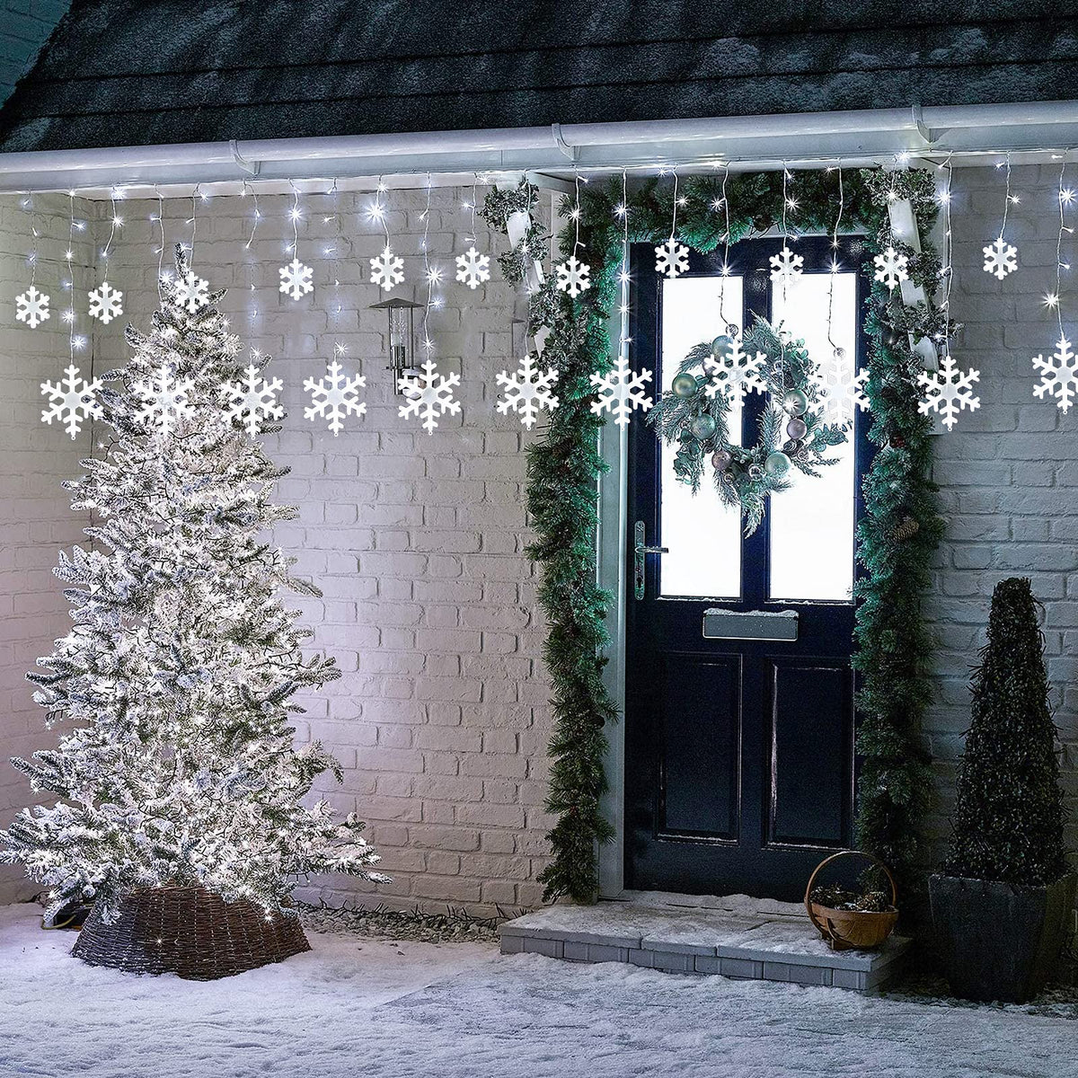 Toodour Christmas Snowflake Lights Outdoor, 17.22ft 264 LED Snowflake Icicle Lights with 22 Drops, Connectable, 8 Modes Waterproof White Christmas Light for Curtain, Eaves, Window, Xmas Decorations