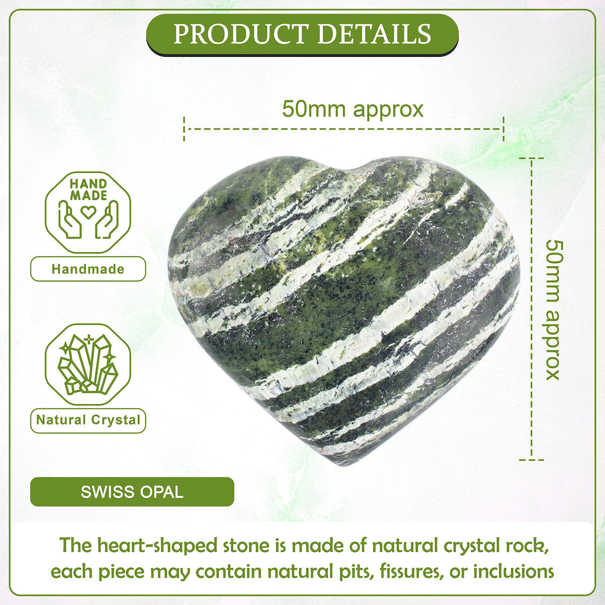 Crocon 50mm Swiss Opal Heart Stone Big Heart Shape Puff Stones Set 450+ Carats Pocket Crystal Healing Tumble Collection Palm Worry Stone Good Luck Charm Meditation Gift Craft Home Decor