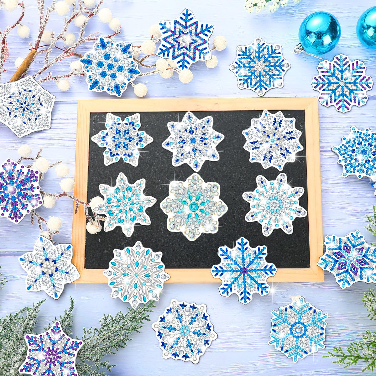 Copkim 20 Pcs Winter Christmas Diamond Art Magnets Winter Fridge Magnet Diamond Painting Snowflake 5D DIY Art Decals Craft for Xmas Ornaments Family Decor