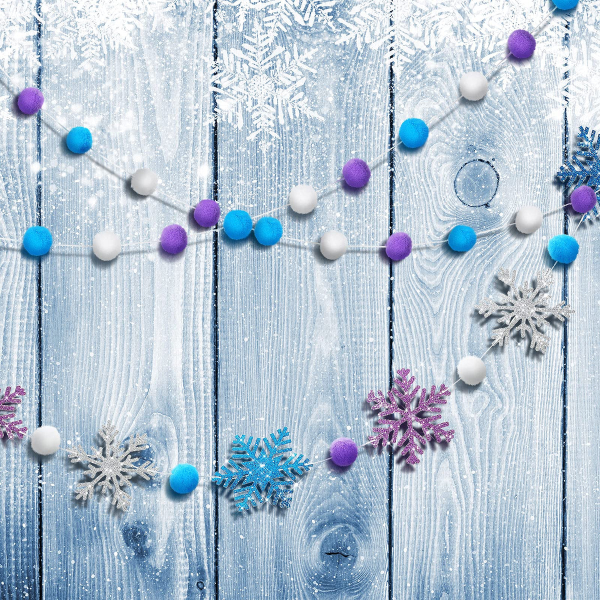 Tatuo 3 Pieces Winter Felt Ball Banner Snowflake Garland Glittery Banner Wonderland Theme Pom Pom Decor Holiday Hanging Decor for Birthday Baby Shower Wedding Party