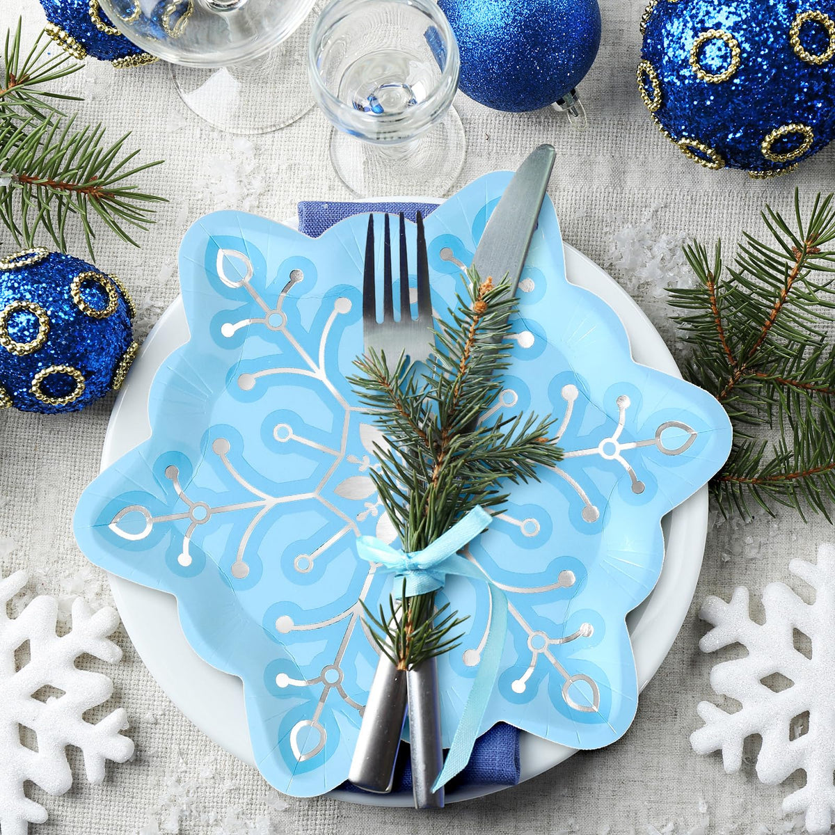 JarThenaAMCS 48Pcs Christmas Snowflake Paper Plates Silver Foil Blue Snowflake Shape Disposable Plates Winter Party Tableware for Xmas Wedding Birthday Table Decor Supplies